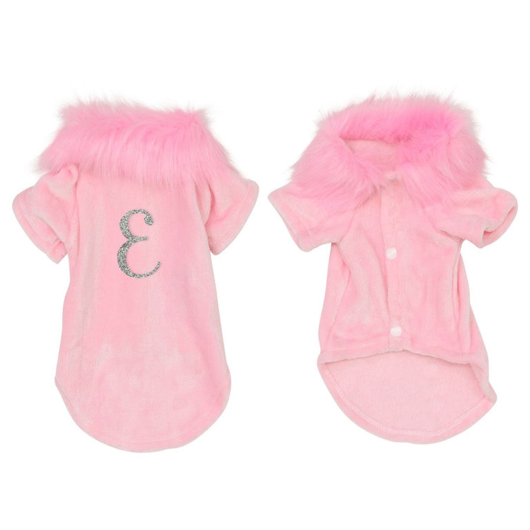 Pink velvet pet cardigan with a faux fur collar short sleeves and a rhinestone monogram accent on the back.