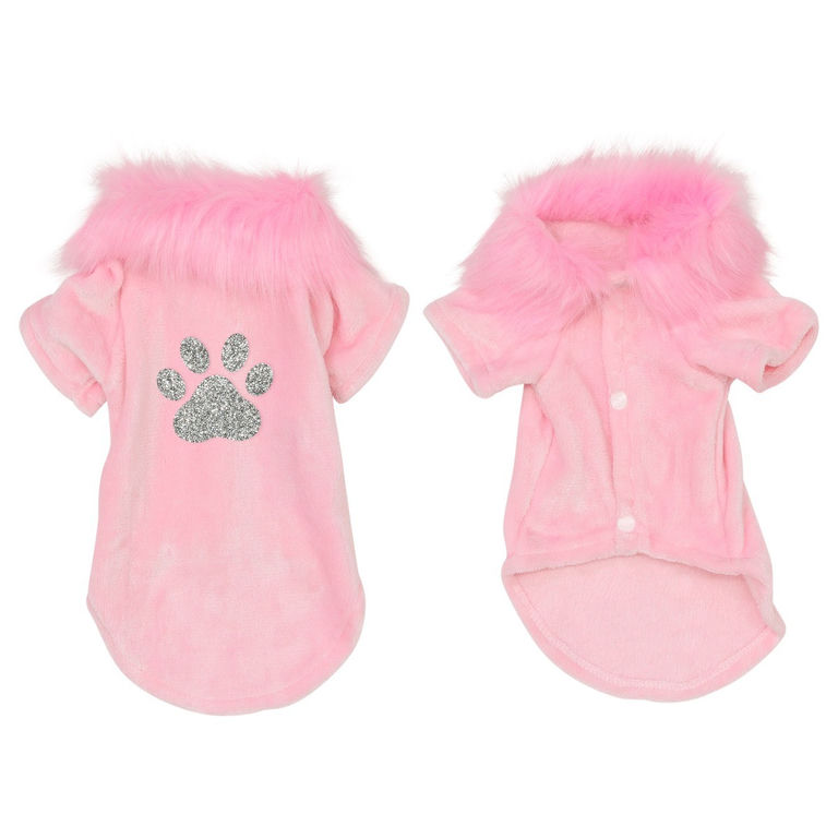Pink velvet pet cardigan with a faux fur collar and a silver rhinestone paw print embellishment on the back.