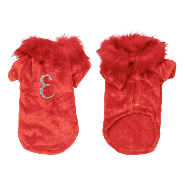Red velvet pet cardigan with faux fur collar snap closure and silver rhinestone monogram accent on one side.