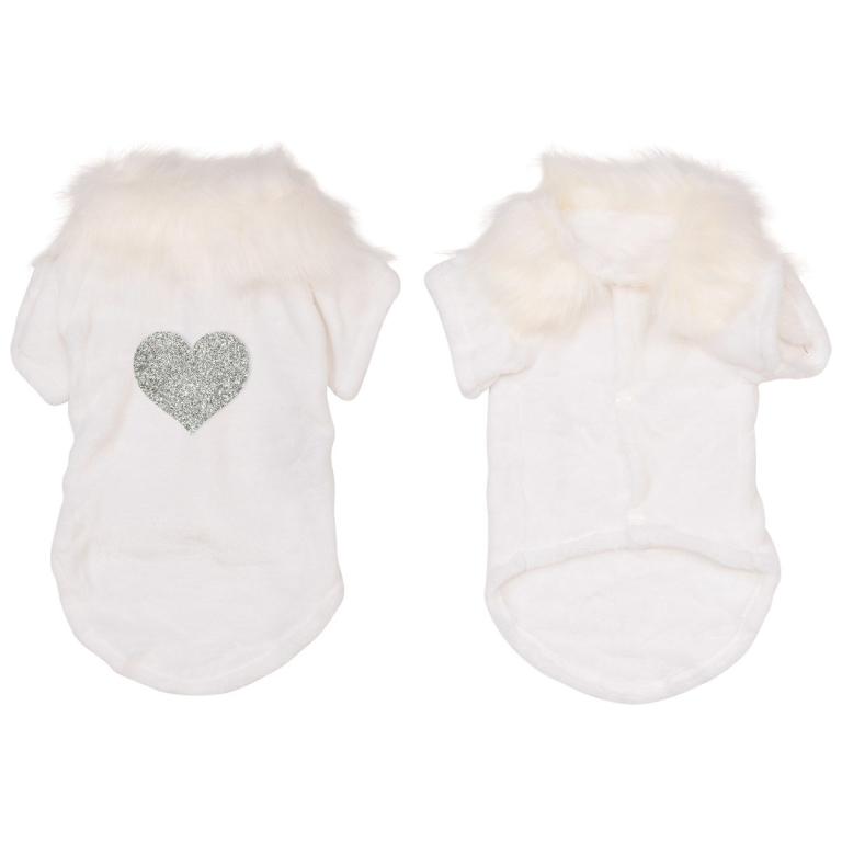 White velvet pet cardigan with a faux fur collar and a silver rhinestone heart embellishment on the back.