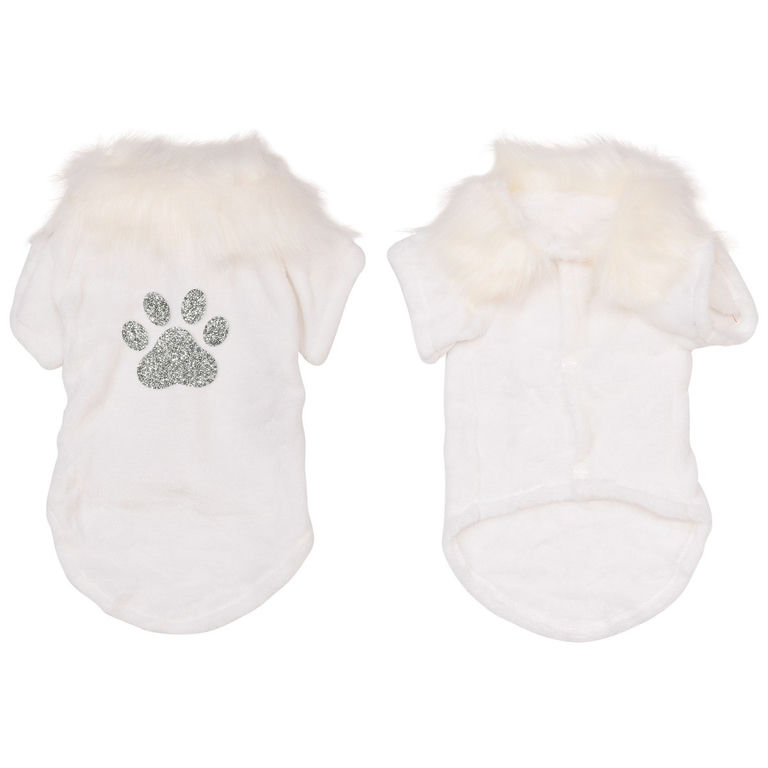 White velvet pet cardigan with a faux fur collar and silver rhinestone paw print embellishment on the back.