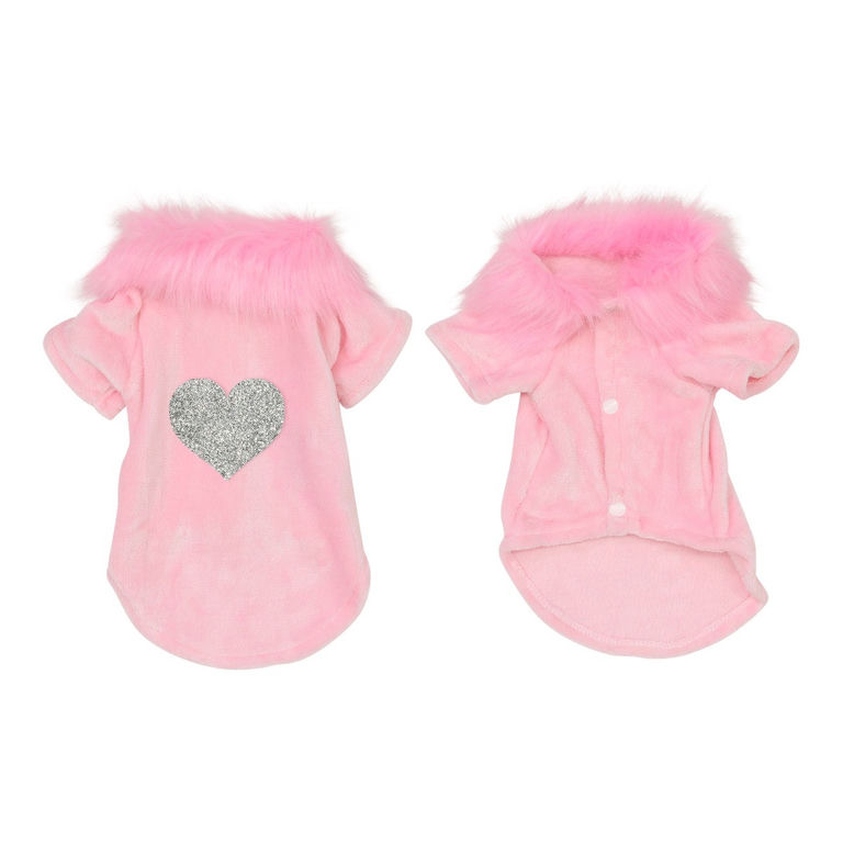 Pink velvet pet cardigan with a fluffy pink collar and a silver rhinestone heart embellishment on the back.