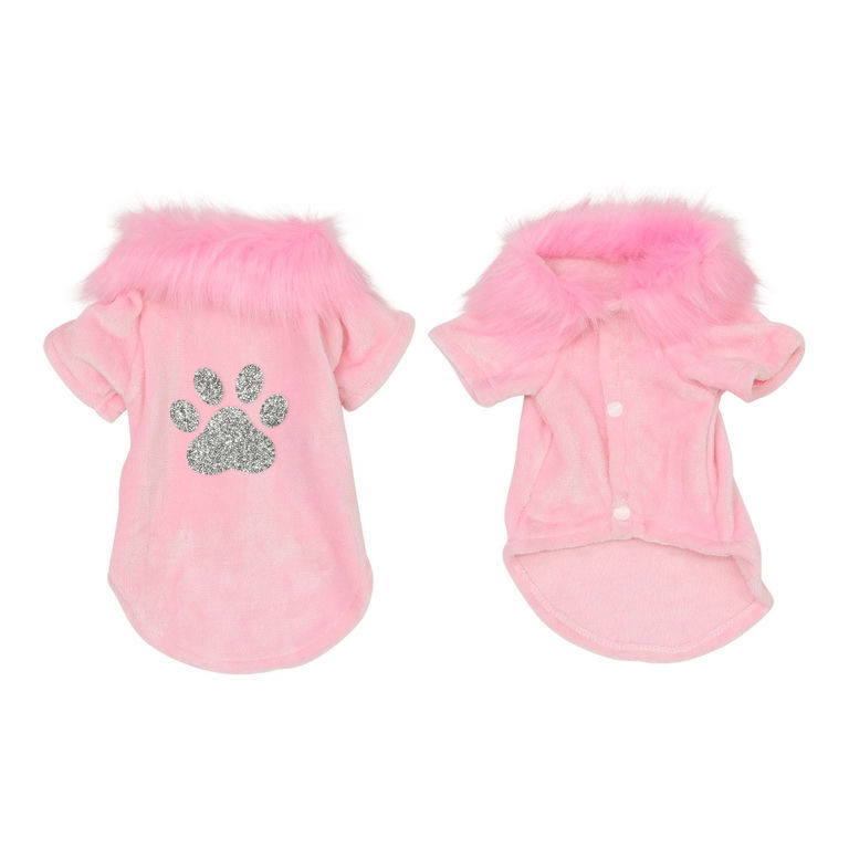 Pink velvet pet cardigan with a fluffy pink collar and a silver rhinestone paw print on the back featuring short sleeves and snap closure.