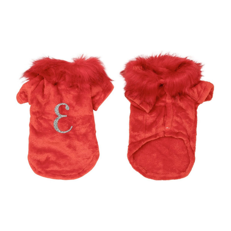 Red&#x20;velvet&#x20;pet&#x20;cardigan&#x20;with&#x20;faux&#x20;fur&#x20;collar&#x20;and&#x20;rhinestone&#x20;monogram&#x20;accent&#x20;featuring&#x20;short&#x20;sleeves&#x20;and&#x20;snap&#x20;closure.