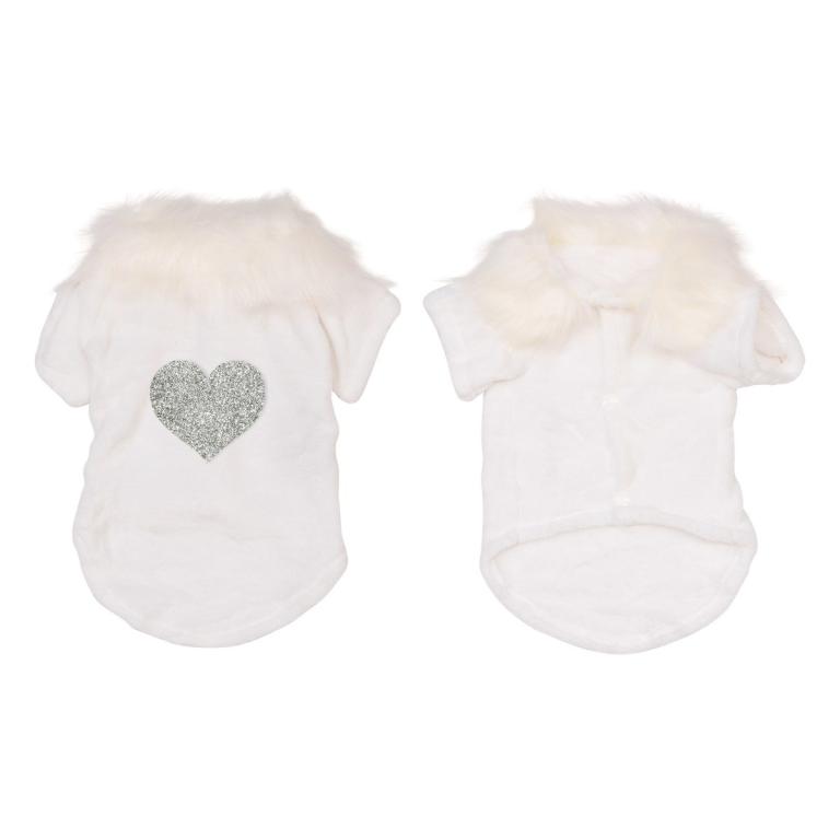 White velvet pet cardigan with a faux fur collar and a silver glitter heart embellishment on the back.