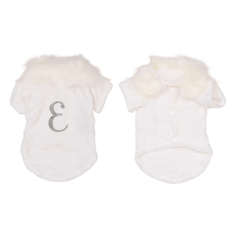 White velvet pet cardigan with a faux fur collar and rhinestone monogram accent on the back short sleeves and snap closure.