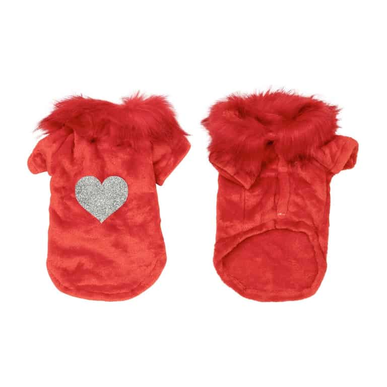 Red velvet pet cardigan with a faux fur collar and a silver rhinestone heart embellishment on one side.