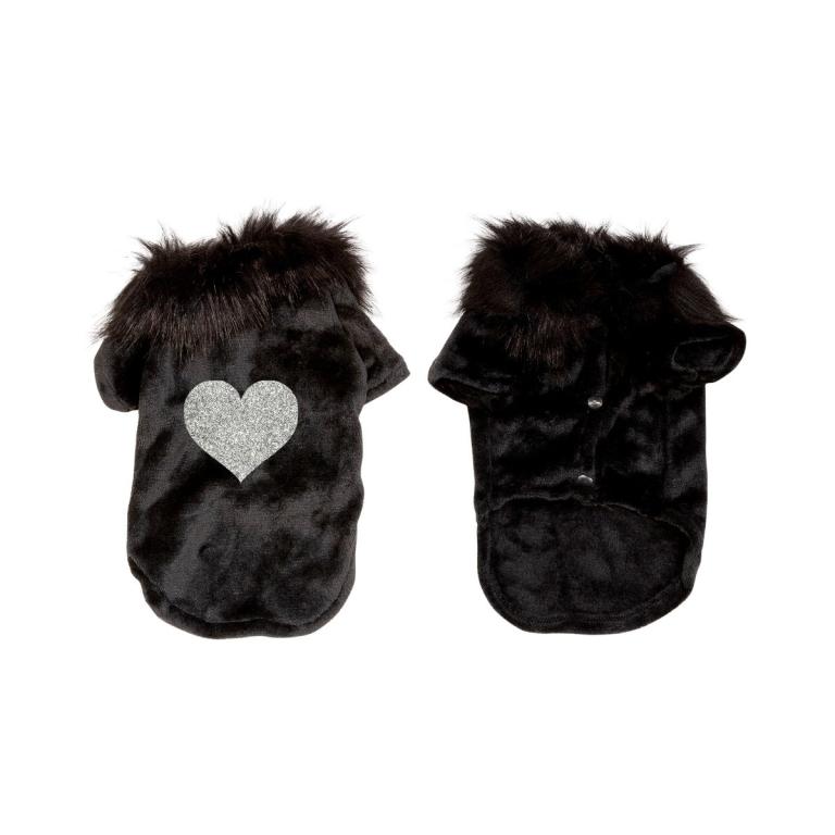 Black velvet pet cardigan with faux fur collar and silver rhinestone heart embellishment featuring snap closure.