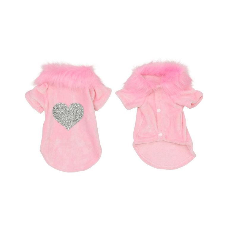 Pink velvet pet cardigan with a silver rhinestone heart and a fluffy pink collar featuring short sleeves and snap closure.