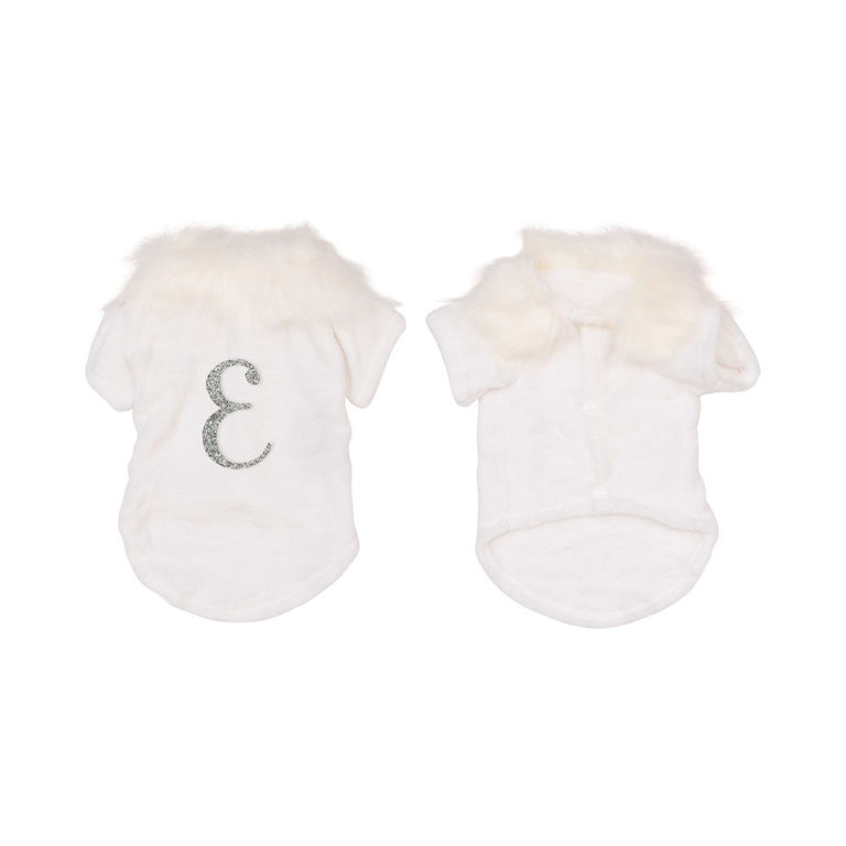 White&#x20;velvet&#x20;pet&#x20;cardigan&#x20;with&#x20;a&#x20;faux&#x20;fur&#x20;collar&#x20;and&#x20;a&#x20;silver&#x20;rhinestone&#x20;monogram&#x20;number&#x20;three&#x20;on&#x20;the&#x20;back.