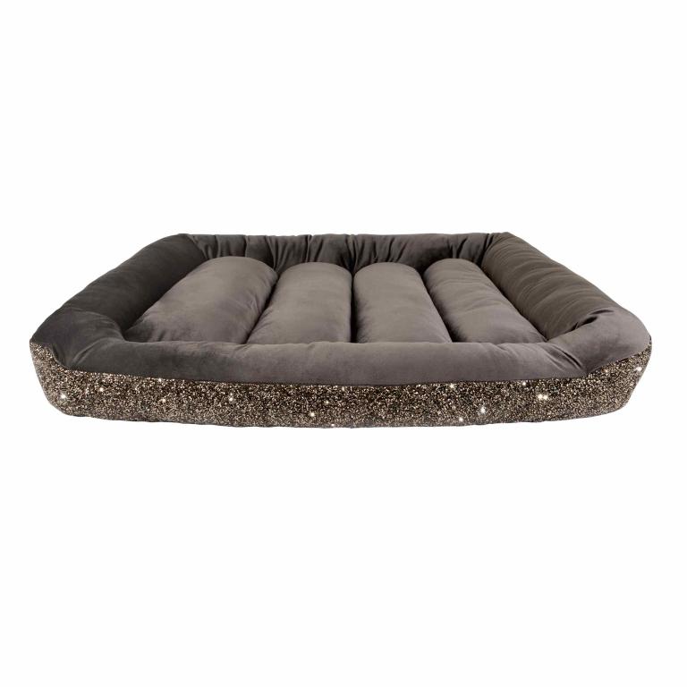 Large square pet bed with a charcoal velvet interior and a sparkling rhinestone-textured exterior.