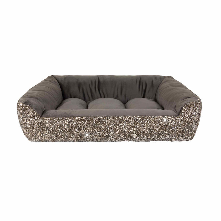 Small square pet bed with a plush charcoal velvet interior and a sparkling rhinestone-textured exterior. 