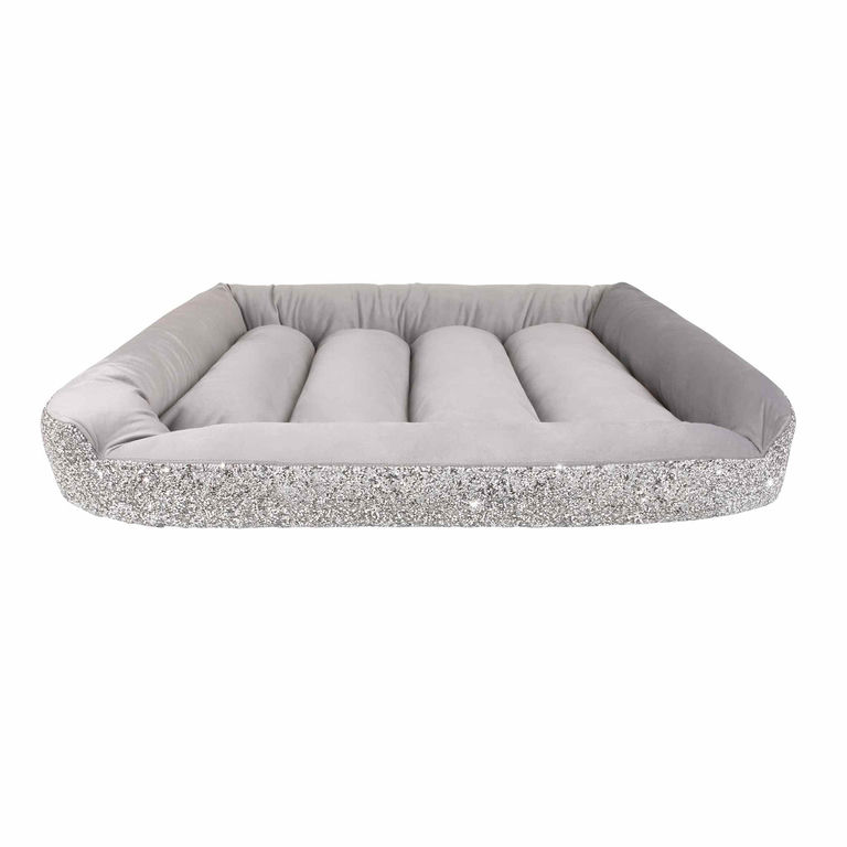 Large square pet bed with a plush gray velvet interior and a sparkling silver rhinestone exterior.