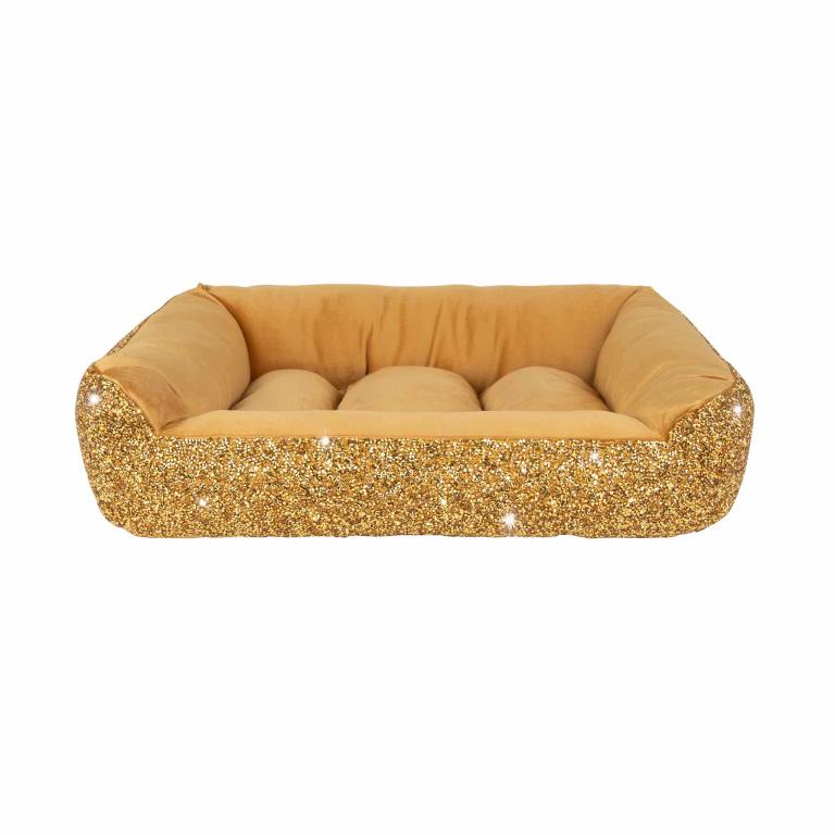 Small rectangular pet bed with a plush golden velvet interior and a sparkling gold rhinestone exterior.