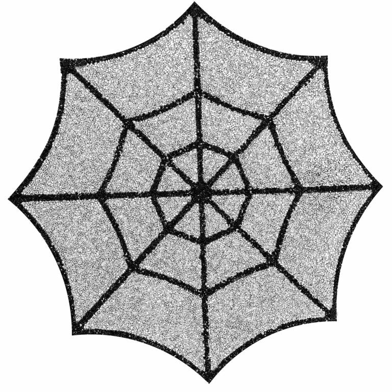 Silver glitter spiderweb placemat with black thread outlines featuring a textured surface and intricate web design 16"x16".