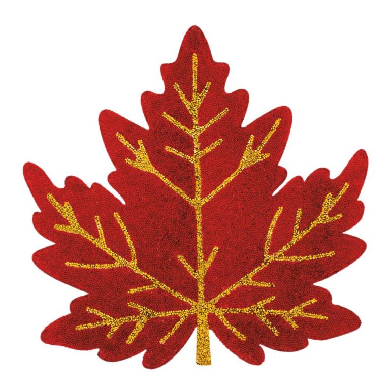 Red leaf-shaped placemat with gold rhinestone embellishments made of durable resin featuring a textured surface and non-slip back.