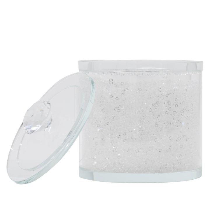 Clear glass cotton ball holder with a crystal-filled interior and a matching lid featuring a faceted crystal knob.