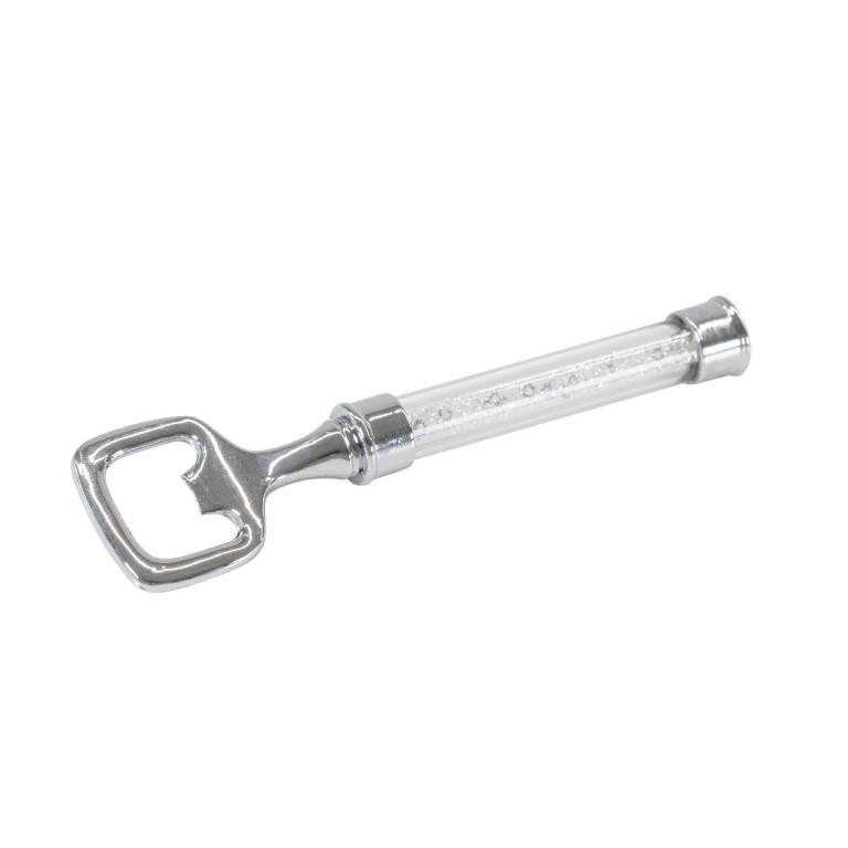 Stainless steel bottle opener with a clear glass handle filled with small crystals featuring a square-shaped opening end.