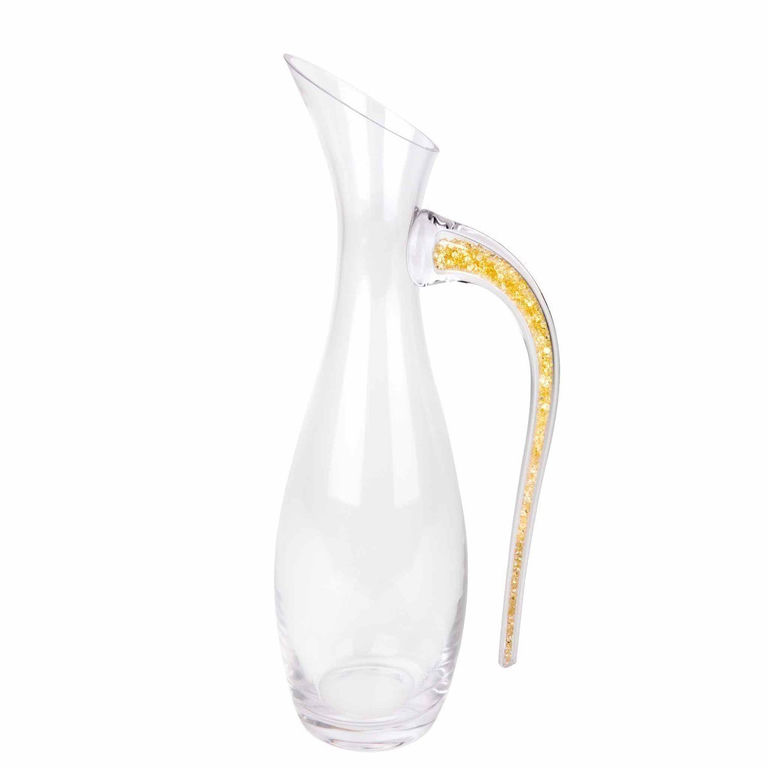 Clear crystal decanter with a tapered spout and a handle featuring yellow rhinestones embedded in a transparent base.