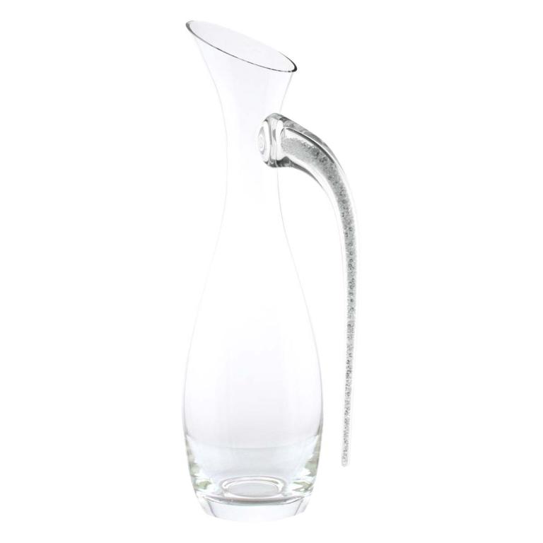 Clear crystal decanter with a tapered body a wide mouth and a rhinestone-filled handle for grip.