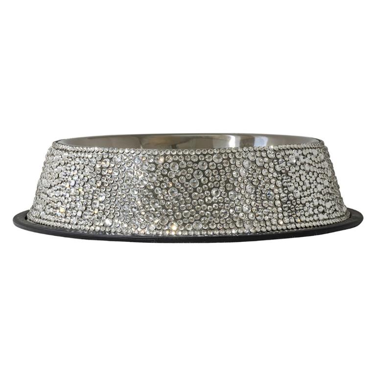 Large stainless steel pet bowl with a textured rim covered in hand-placed clear rhinestones and a black base.