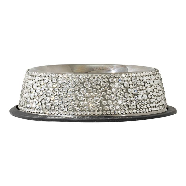 Stainless steel pet bowl with a silver rhinestone-embellished exterior and a black rubber base.