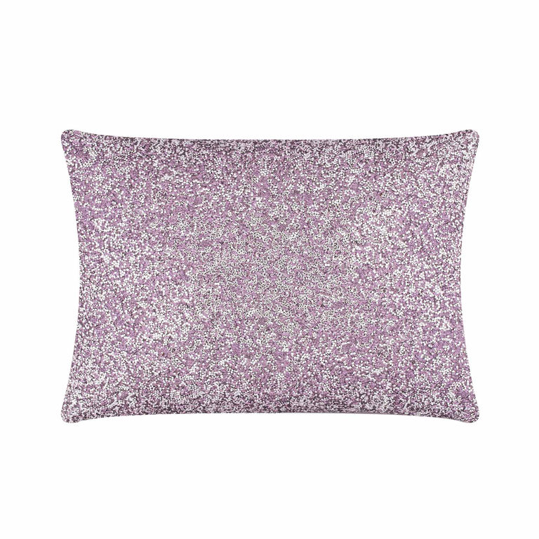 Lavender pillow with a front covered in small shiny rhinestones and a soft smooth velvet back.