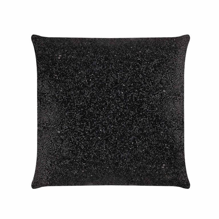 Square black pillow covered in high-quality rhinestones soft velvet back plush texture and a 16x16 size.