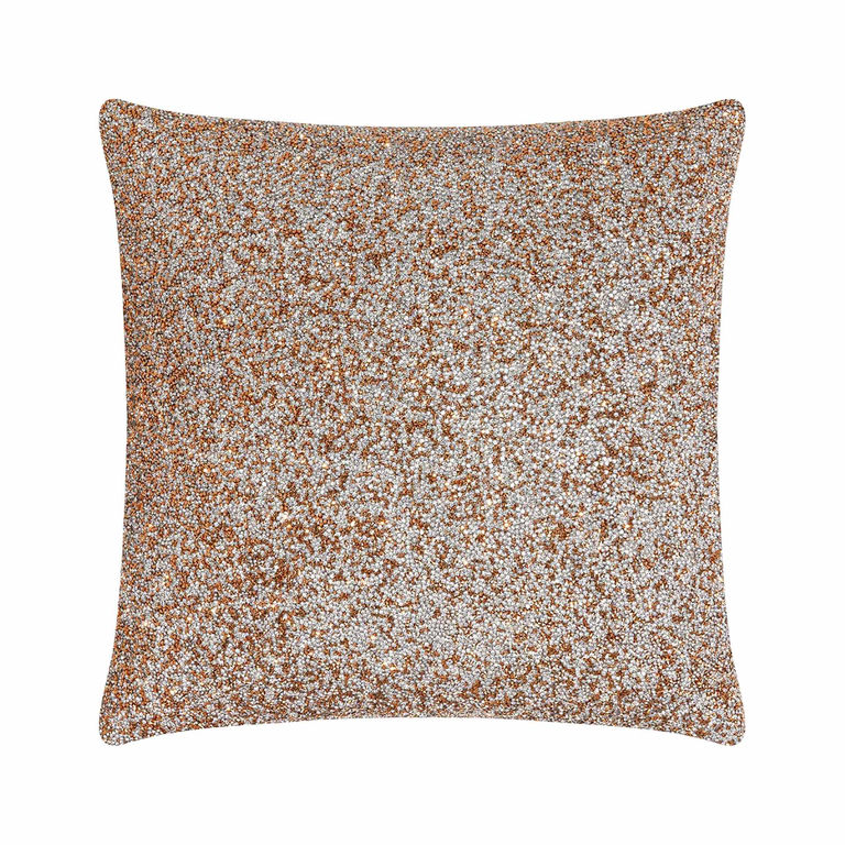Square pillow covered in shimmering topaz and silver rhinestones with a soft velvet back.