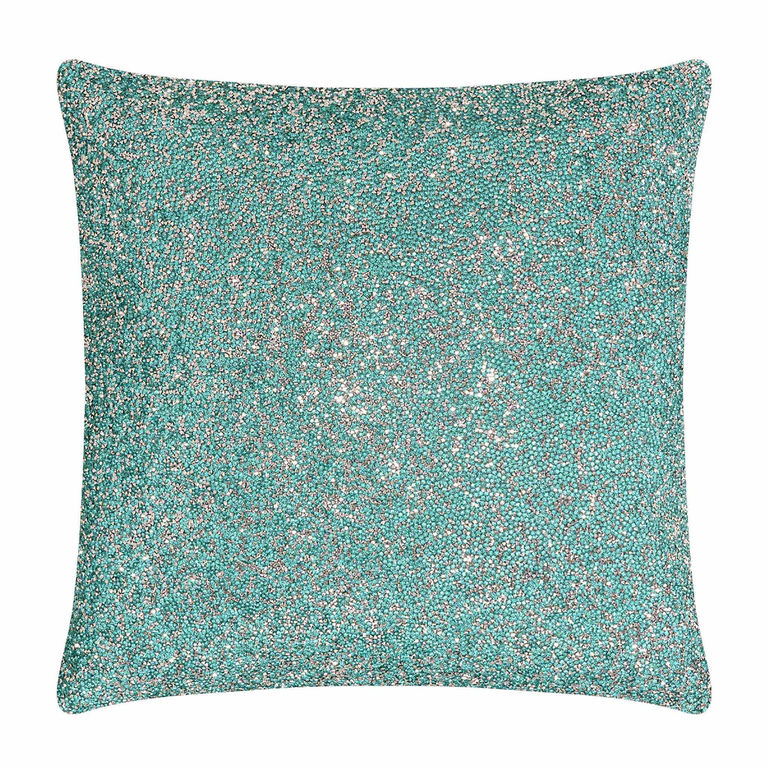 Aqua velvet pillow covered in high-quality rhinestones with a soft texture and plush filling square shape 20x20 inches.