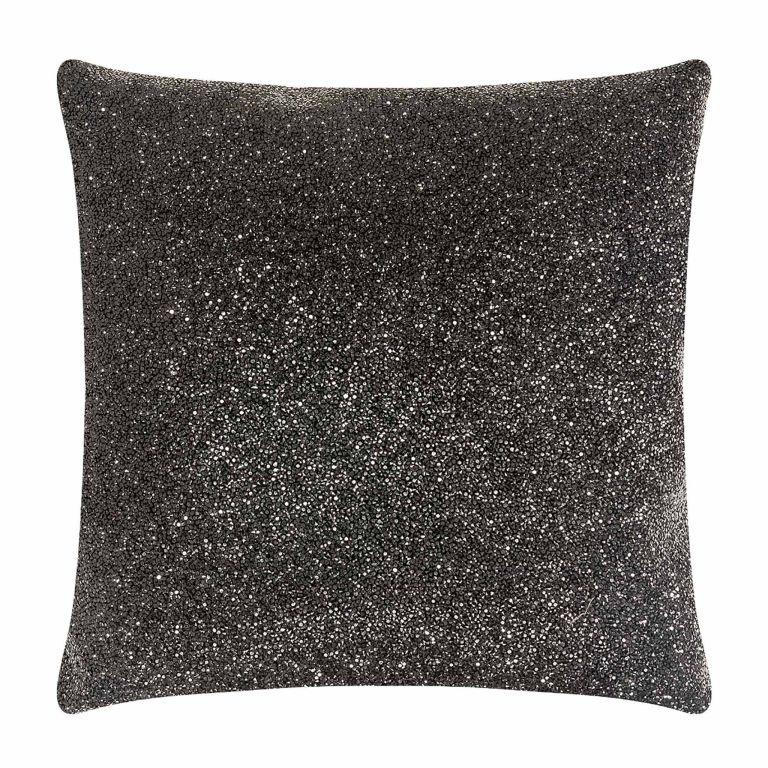 Square pillow with a black velvet front fully adorned with silver rhinestones and a soft velvet back.