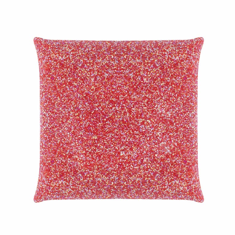 Red square pillow covered in iridescent rhinestones with a soft velvet back featuring a plush texture and a 20x20 size.