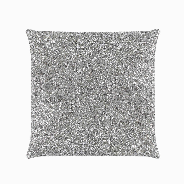 Silver pillow covered in high-quality rhinestones with a soft velvet back square shape and plush texture.