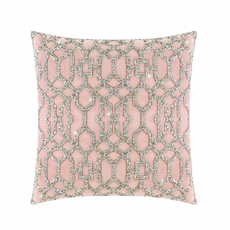Blush&#x20;pillow&#x20;with&#x20;laser-cut&#x20;rhinestones&#x20;in&#x20;a&#x20;geometric&#x20;pattern&#x20;on&#x20;a&#x20;luminous&#x20;fabric&#x20;plush&#x20;velvet&#x20;back&#x20;20x20&#x20;inches.