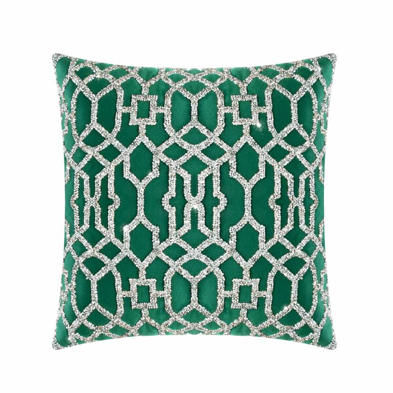 Emerald&#x20;green&#x20;pillow&#x20;with&#x20;laser-cut&#x20;rhinestone&#x20;lattice&#x20;pattern&#x20;on&#x20;a&#x20;plush&#x20;velvet&#x20;surface&#x20;featuring&#x20;a&#x20;soft&#x20;texture&#x20;and&#x20;decorative&#x20;design.