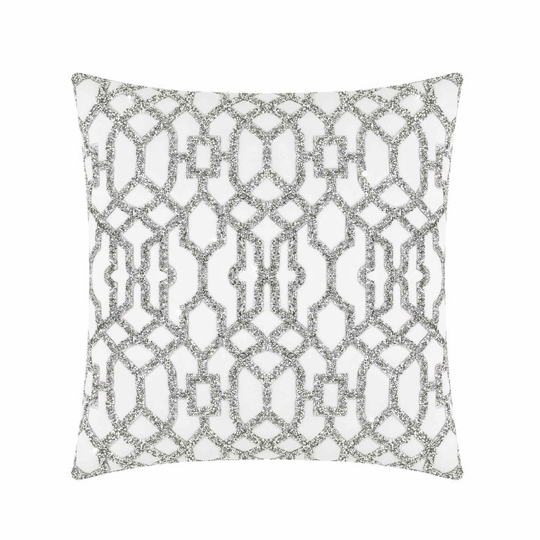White pillow with a laser-cut rhinestone lattice pattern on the front and a plush velvet back.