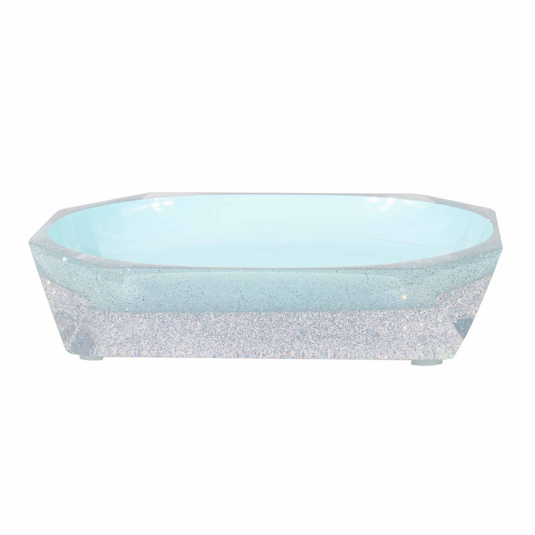 Aqua resin soap dish with a faceted design glittery silver base and a smooth shiny interior surface.