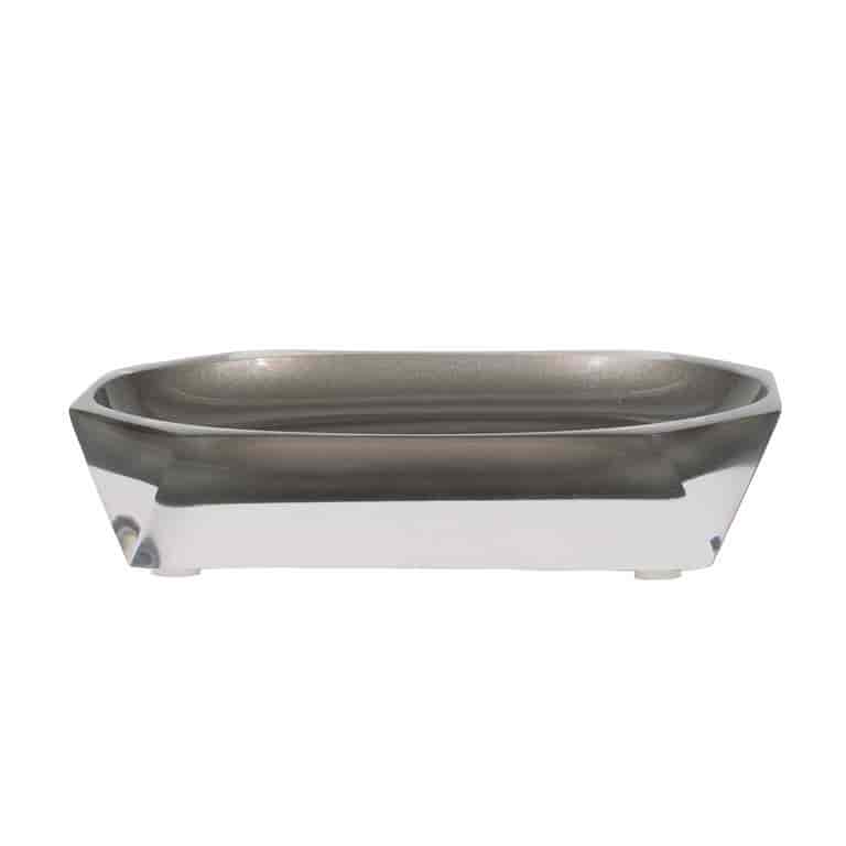 Gray resin soap dish with a faceted design featuring a glossy finish and a slightly raised edge.