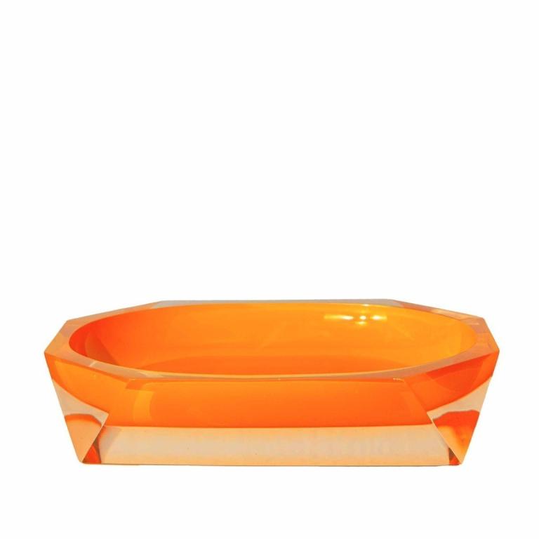 Faceted orange resin soap dish with a diamond-like shine and an octagonal shape featuring smooth edges and a glossy finish.
