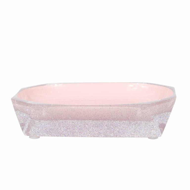 Faceted pink resin soap dish with a glossy interior glittery exterior and an octagonal shape.