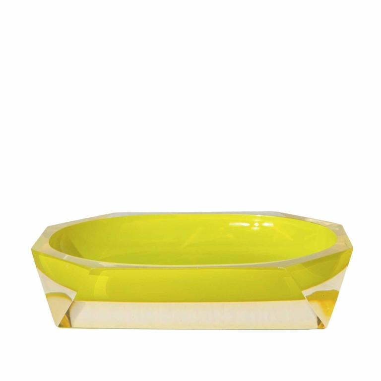 Yellow resin soap dish with a faceted design featuring a glossy finish and a smooth interior surface.
