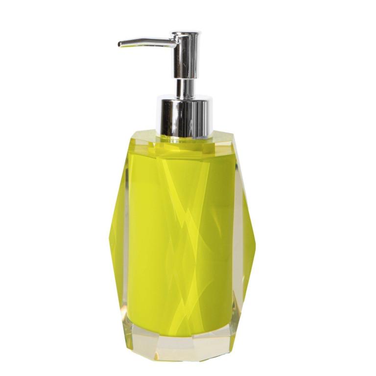 Faceted yellow resin lotion pump with a diamond-like finish and a stainless steel dispenser top.