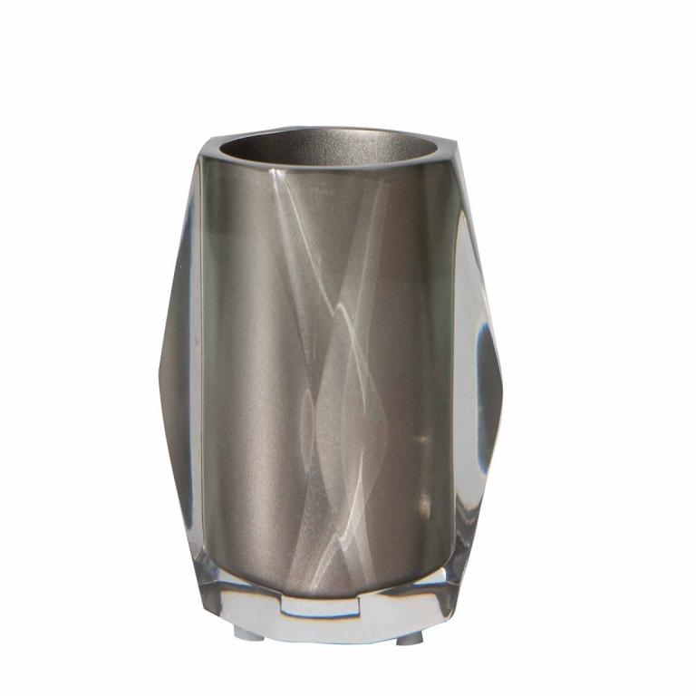 Gray faceted tumbler with a shiny metallic finish and clear base featuring angular edges and a smooth texture.