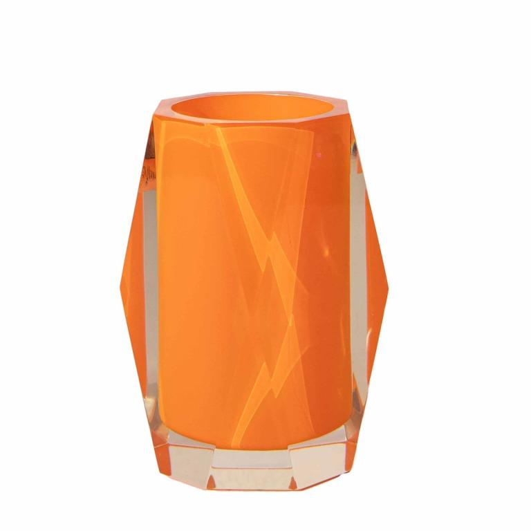 Faceted orange tumbler with a glossy finish featuring sharp angles and a clear base reflecting light for a sparkling effect.