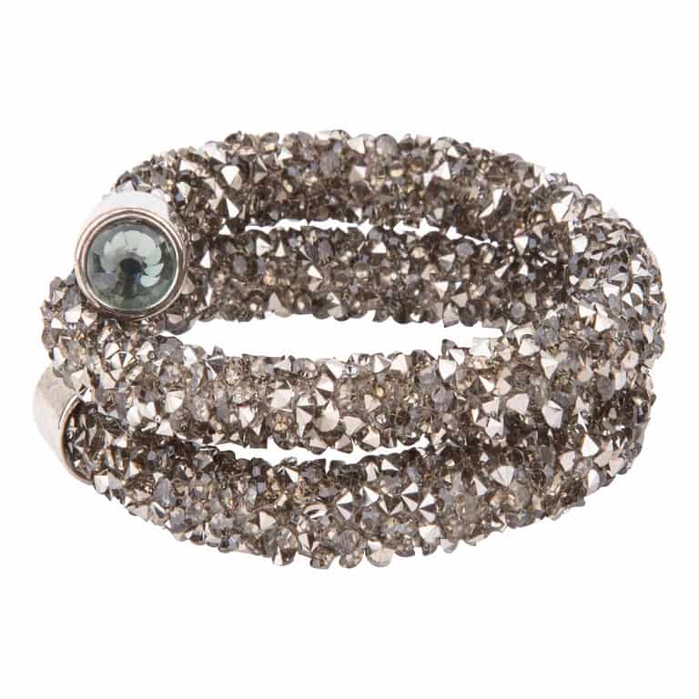 Charcoal napkin rings made of flexible wire adorned with sparkling dark stones and silver metal accents.