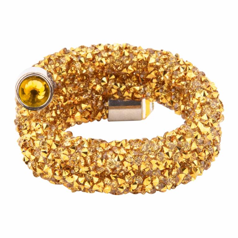 Gold napkin ring made of flexible wire adorned with sparkling golden crystals and silver metal accents.
