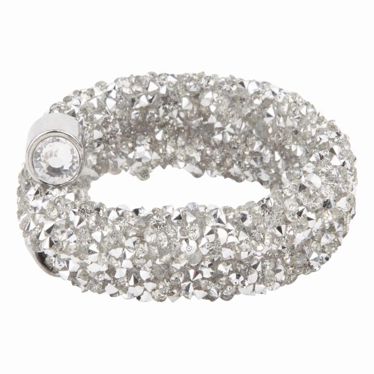 Silver napkin ring made of flexible wire adorned with sparkling golden crystals and silver metal accents.