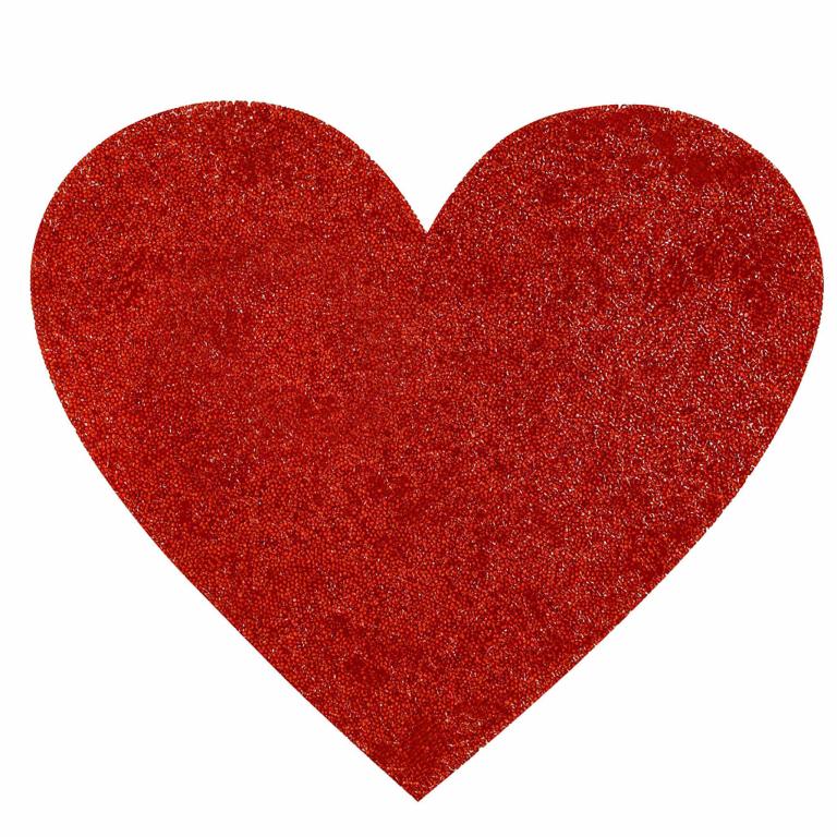 Red heart-shaped placemat with a textured surface and sparkling rhinestones throughout.
