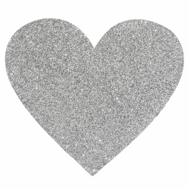 Silver heart-shaped placemat with a sparkling rhinestone texture and a non-slip backing.