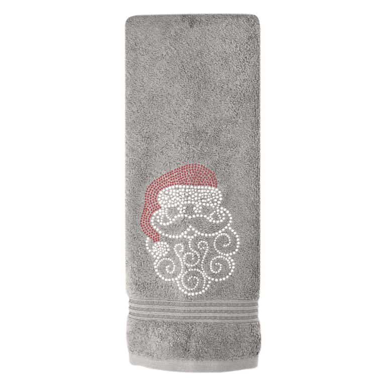 Gray Christmas hand towel with sparkling Santa motif and striped hem